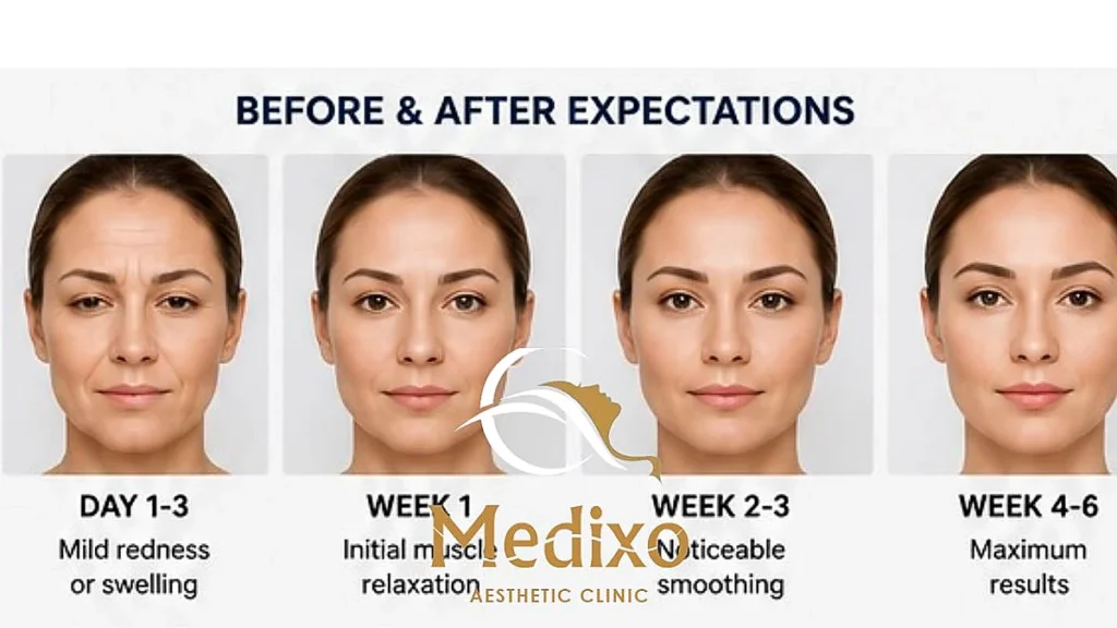 Botox before and after treatment timeline showing wrinkle reduction results from day 1 to week 6