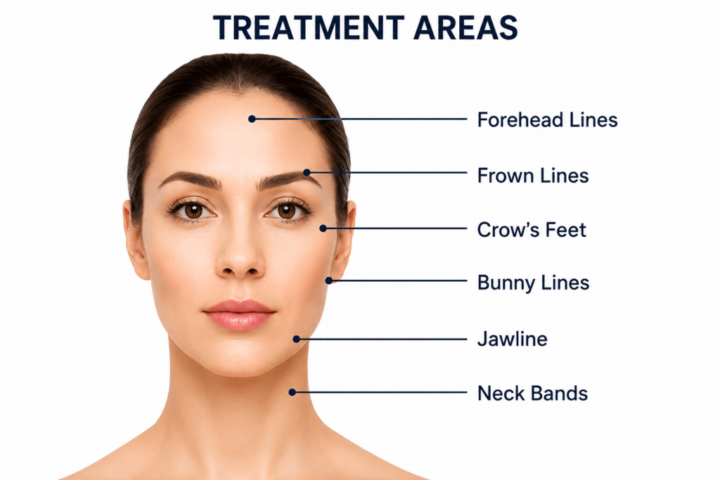 Botox treatment areas including forehead lines, frown lines, crow’s feet, jawline and neck bands